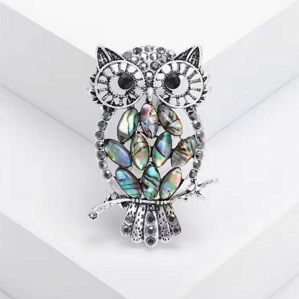 🦉 Silver Owl Brooch with Crystals &  Abalone Accents 🦉